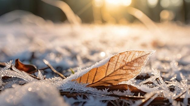 a leaf in the snow is covered with frost.