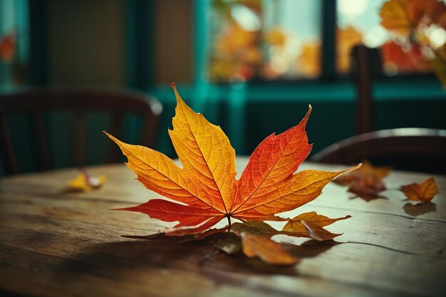 테이블 위에 나뭇잎
