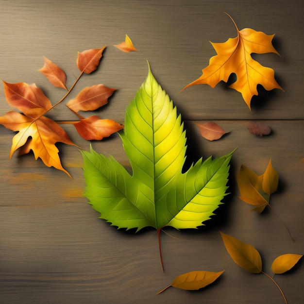 A leaf that is green and yellow on a wooden surface