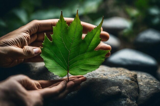 a leaf that is held up by two hands