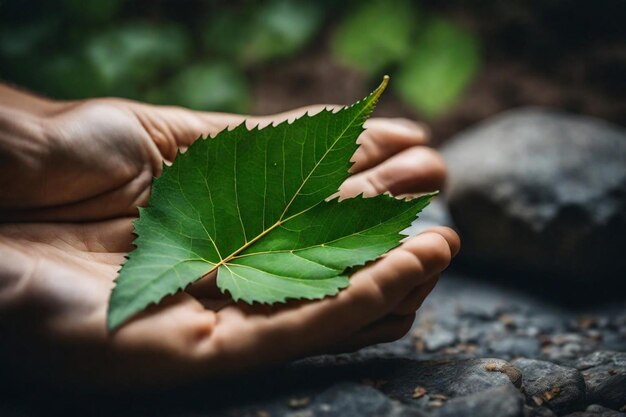 Photo a leaf that is in the palm of someone