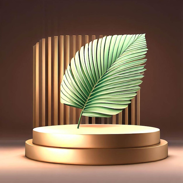 A leaf that is on a podium with a gold base