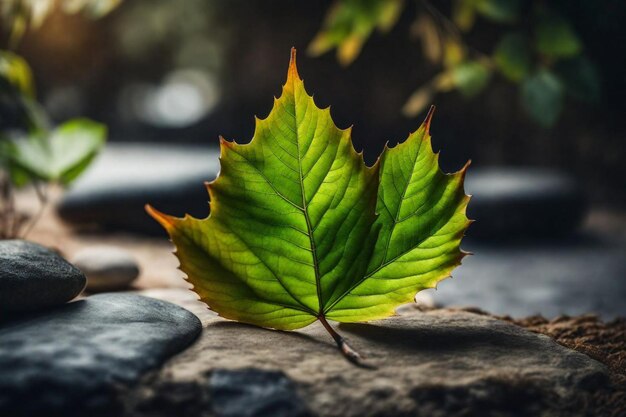 Photo a leaf that is on a rock with rocks in the background