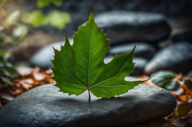 a leaf that is on a rock with some leaves