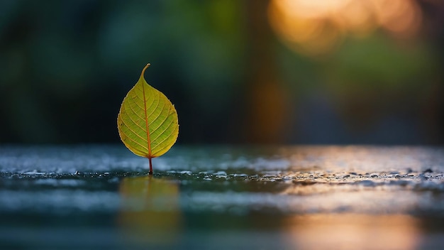 a leaf that is on a wet surface