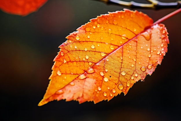 A leaf transitioning in fall changing from green to hues of red orange and yellow