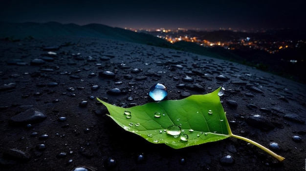 a leaf with the city lights on the background