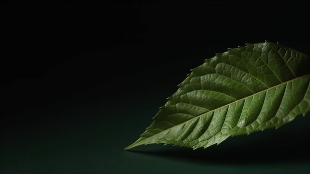 暗い背景に「leaf」という文字が描かれた葉っぱ。