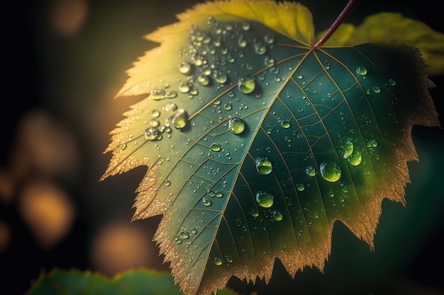 Leaf with dew drops on a dark background, close-up