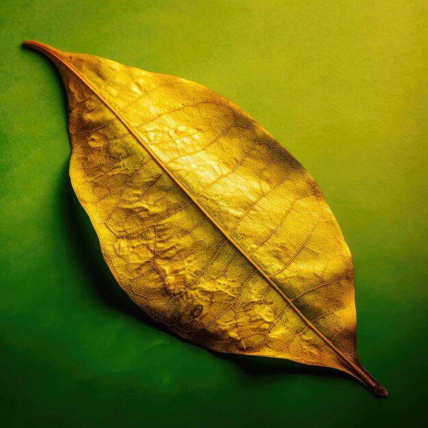 A leaf with green veins is laying on a yellow surface generative ai