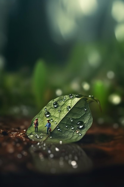 A leaf with a little boy and a little girl standing on it.