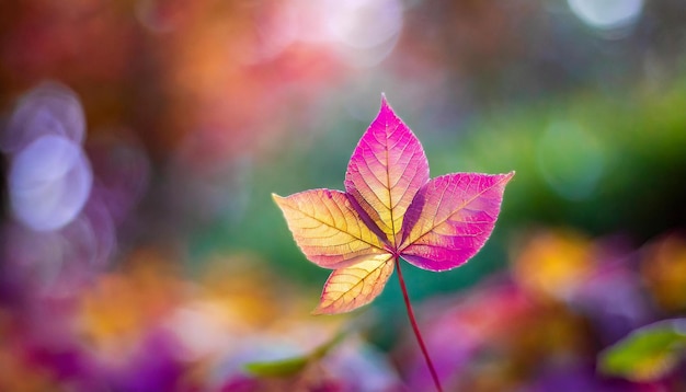 a leaf with purple and orange colors in the background