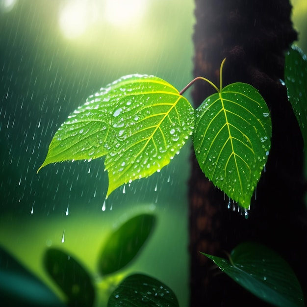 A leaf with the rain drops on it is in the background