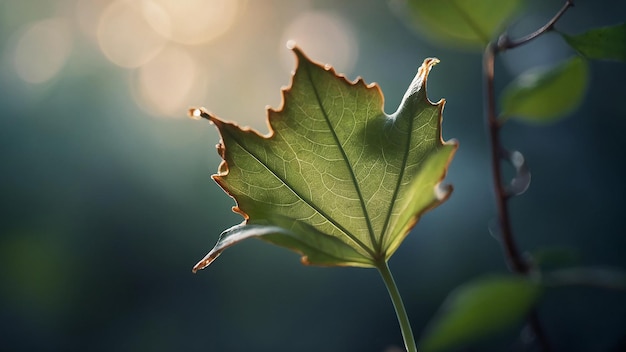 a leaf with the sun shining through it