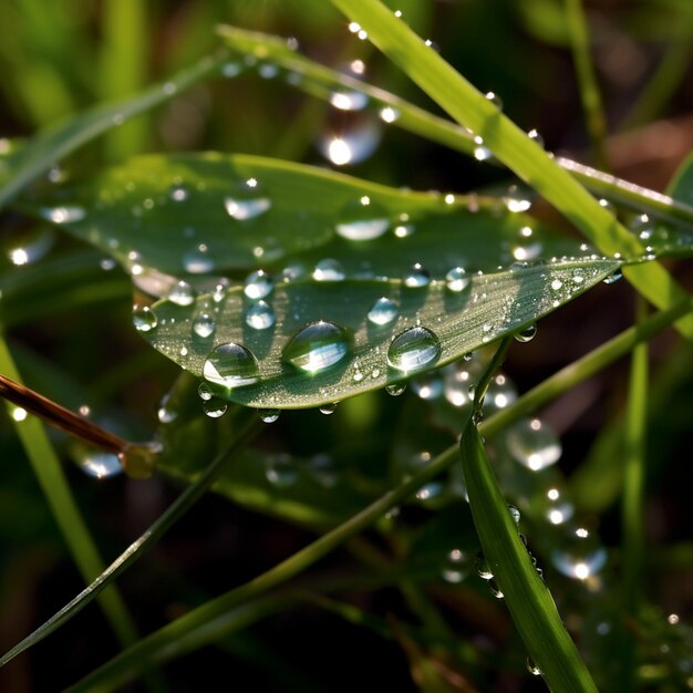 A leaf with water droplets on it is covered with dew.