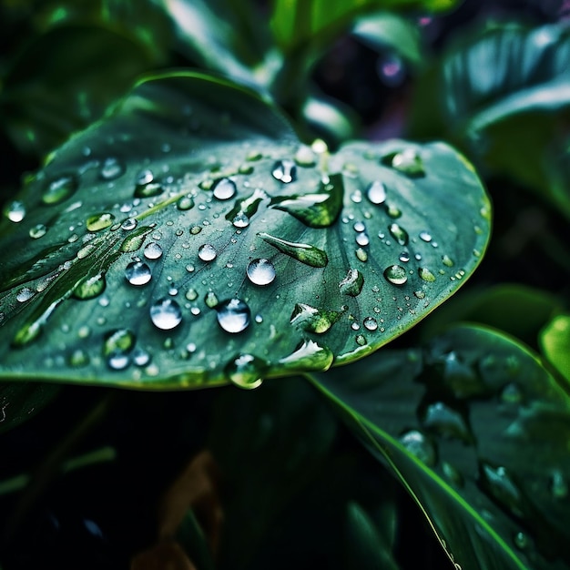 A leaf with water droplets on it is covered with water droplets.