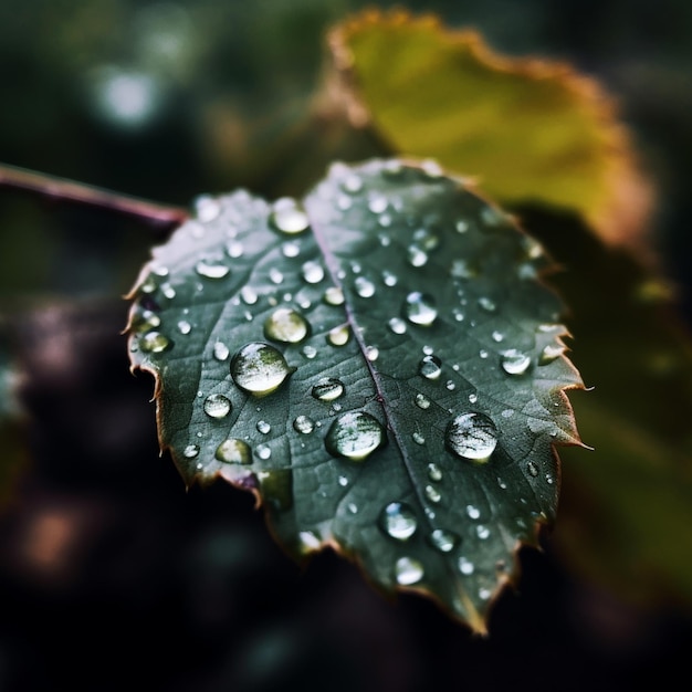 A leaf with water droplets on it is covered with water droplets.