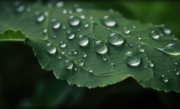 A leaf with water droplets on it that is covered in dew.