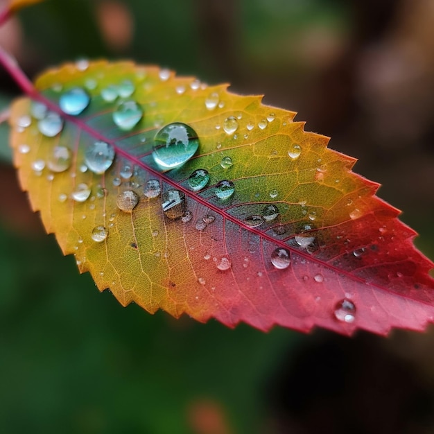 A leaf with water droplets on it that is covered in dew.