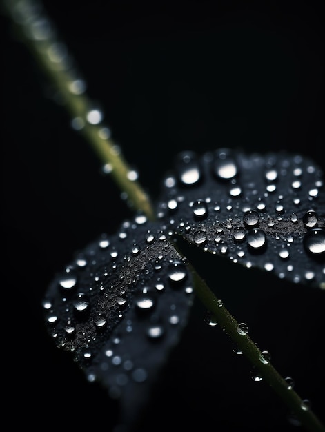 물방울이 있는 잎과 "비"라는 단어가 있습니다.