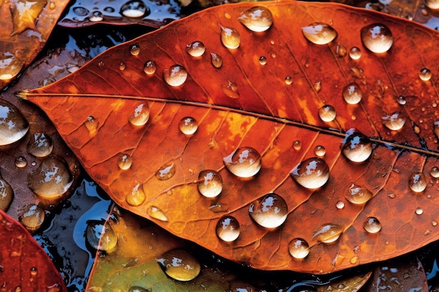 A leaf with water drops on it is covered in raindrops.