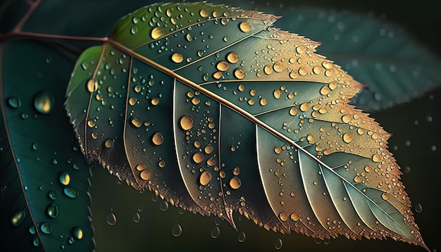 A leaf with water drops on it is covered in raindrops.