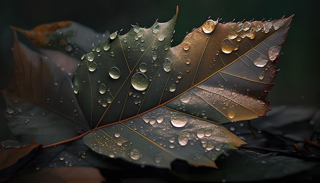 A leaf with water drops on it is covered in raindrops.