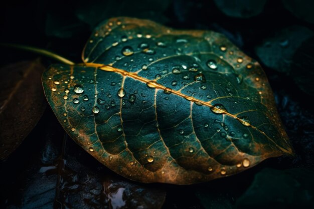 A leaf with water drops on it is covered in water droplets.