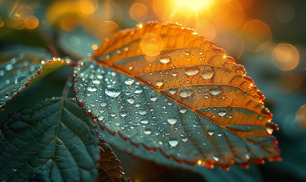 a leaf with water drops on it and the sun behind it