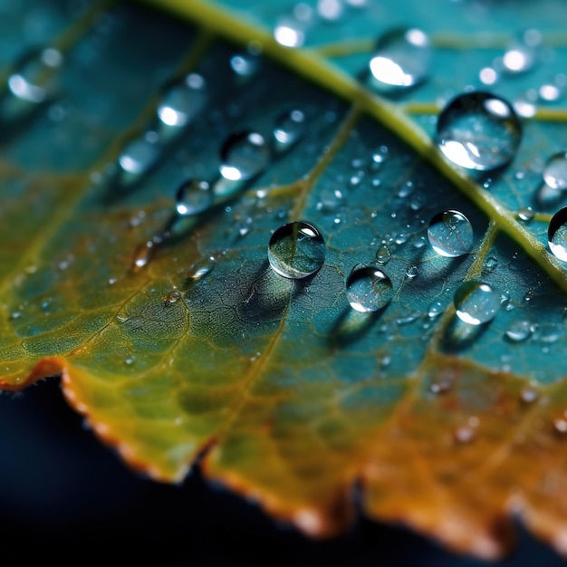 A leaf with water drops on it that is green and yellow.