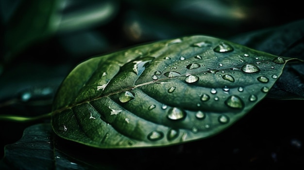 A leaf with water drops on it