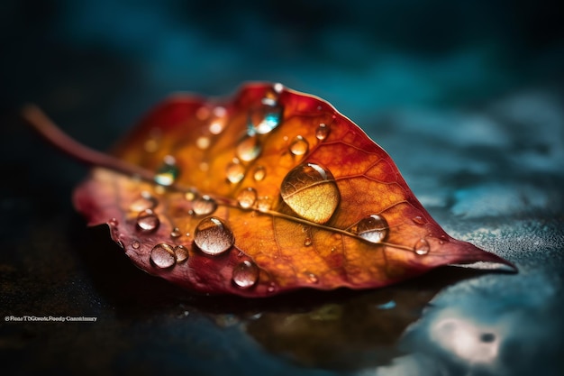 A leaf with water drops on it