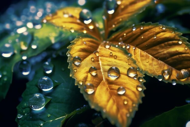 A leaf with water drops on it