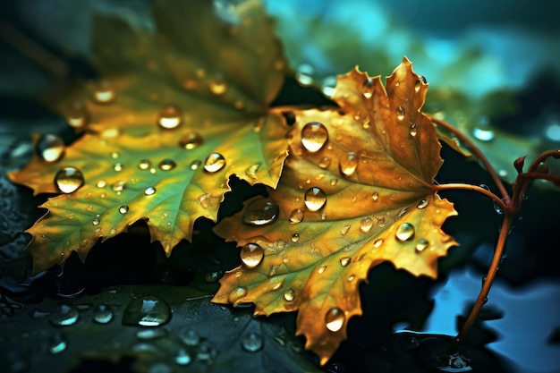 A leaf with water drops on it