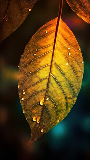 A leaf with water drops on it