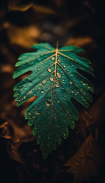 A leaf with water drops on it