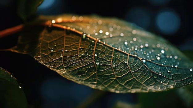 A leaf with water drops on it