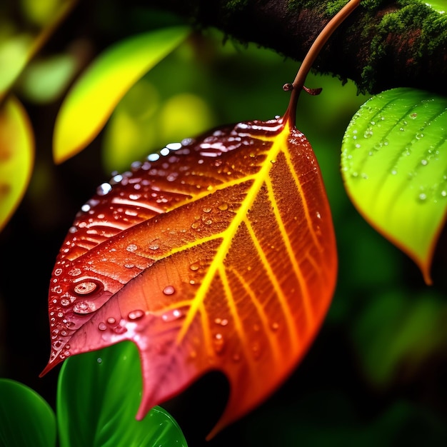 A leaf with the word rain on it is on a branch.