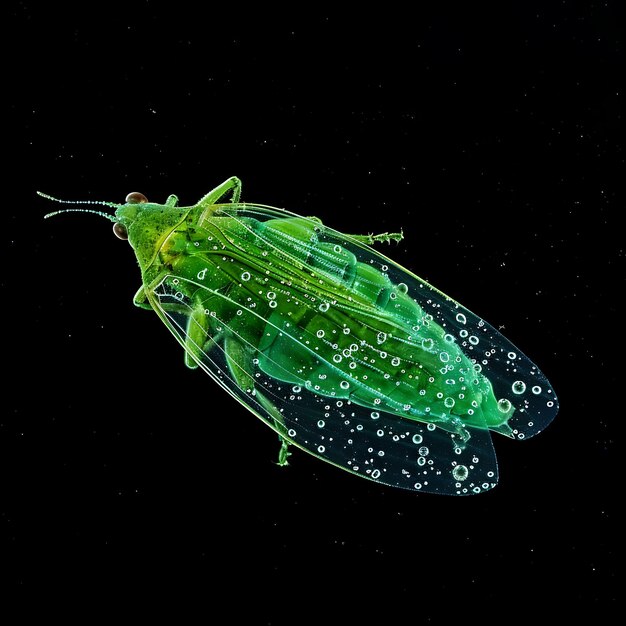 リーフホッパー (Leafhopper) は水に形づくられたの形をした体で背景アートY2K輝くコンセプトです