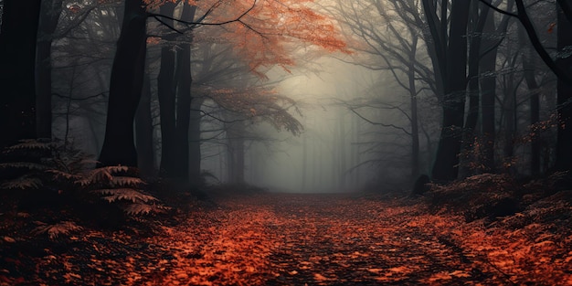 leafstrewn path through a nippy foggy forest where the howling of distant