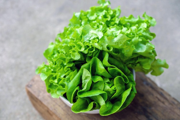 写真 木製の背景に白いボウルに入った葉物野菜またはレタスは、体に繊維を追加する食品です