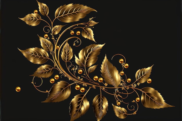 황금 잎과 열매가 있는 검정색 배경의 잎 패턴 Generative AI
