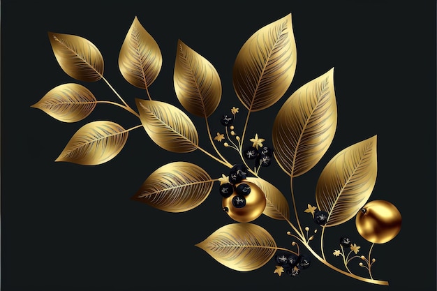 金色の葉と果実を持つ黒の背景に緑豊かなパターン ジェネレーティブ AI