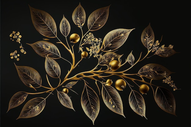 Leafy pattern on a black background with golden leaves and berries Generative AI