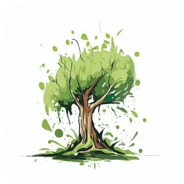 Leafy Symphony Green Splash Tree Watercolor Illustration Generative AI