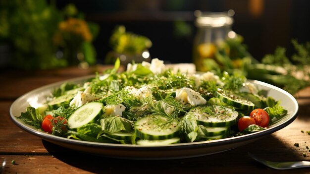 Leafy vegetable salad on a white plate on green background