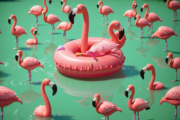 Leak pink flamingo inflatable ring on green background