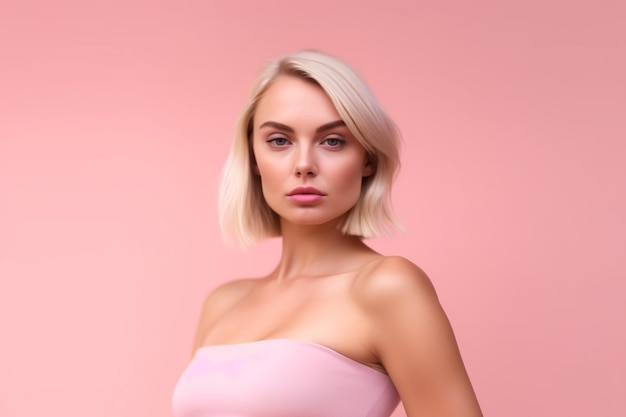 Lean Blonde Beauty Mesmerizing Gaze Against Pink Background Elegance and Fitness Unite Radiating Confidence and Attraction Graceful Strength in a Captivating Scene Generative Ai