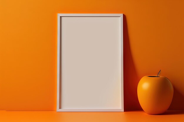 Leaning against an orange wall is a wooden photo frame Template for a blank mockup