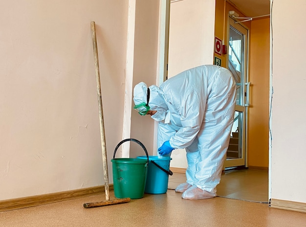 leaning work in a hospital during the coronavirus pandemic sanitization of the premises